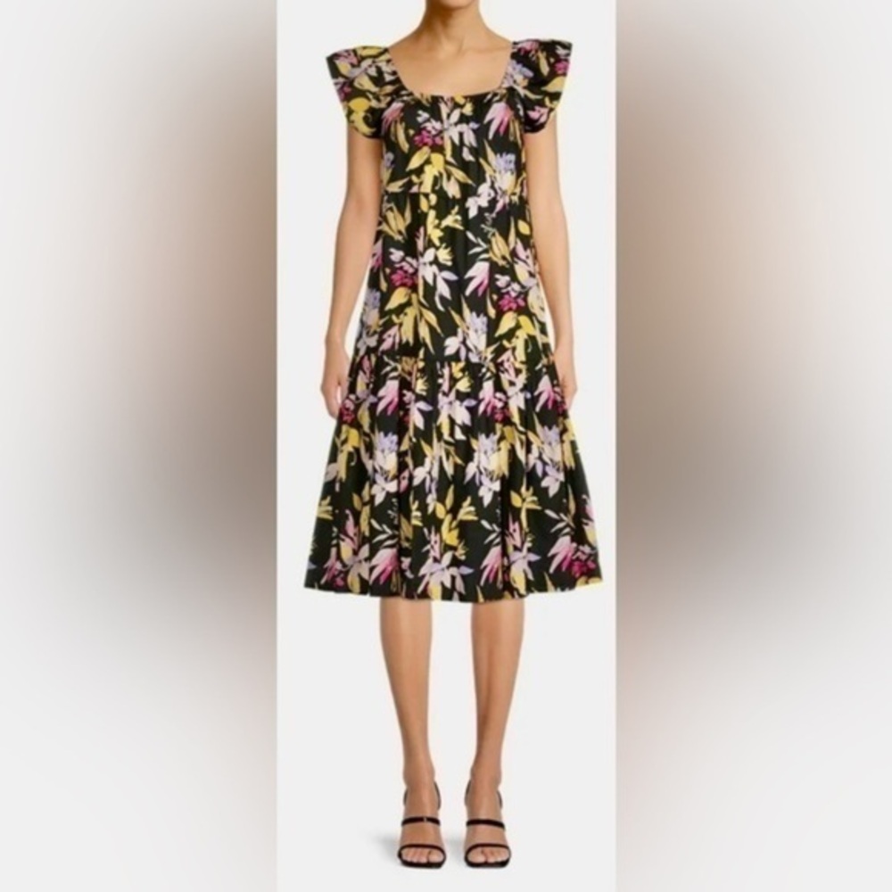 Time & Tru black colorful floral pattern tiered dress. 8(4/6)